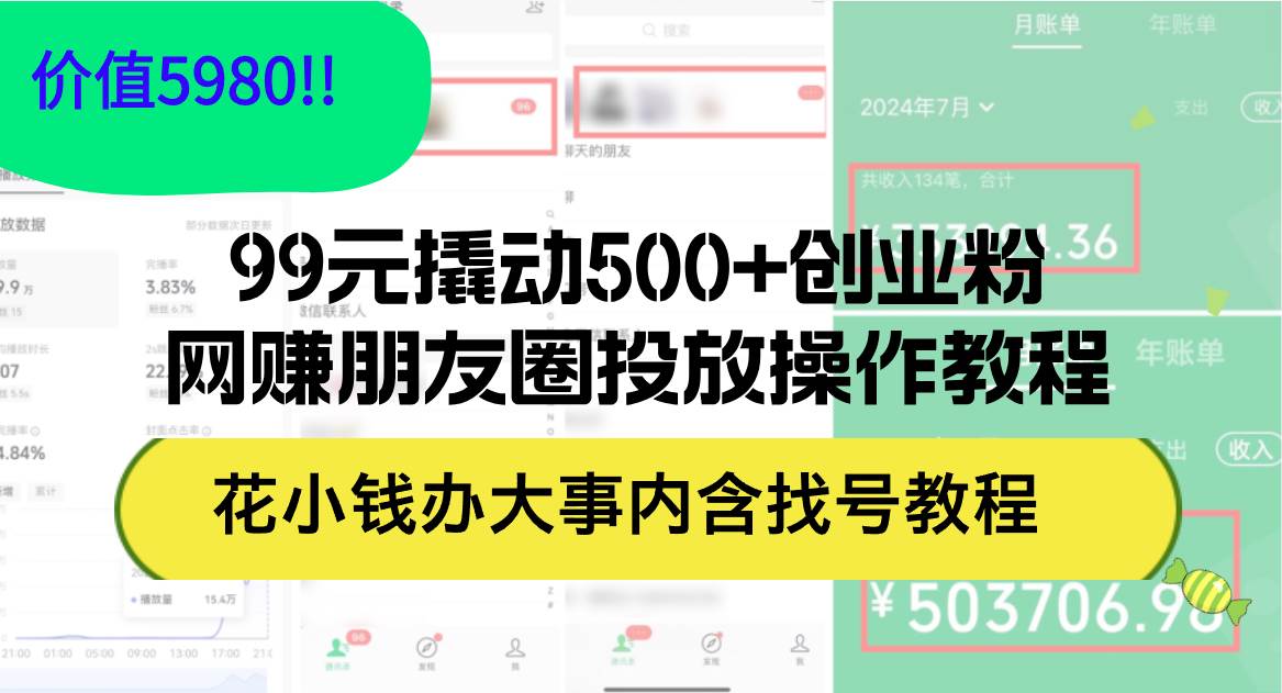 99元撬动500+创业粉,网赚朋友圈投放操作教程价值5980!花小钱办大事内...