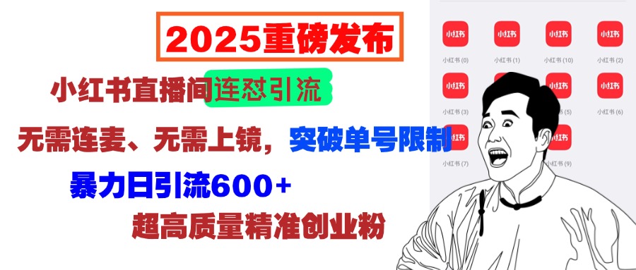 2025重磅发布:小红书直播间连怼引流,无需连麦、无需上镜,突破单号限制,暴力日引流600+超高质量精准创业粉