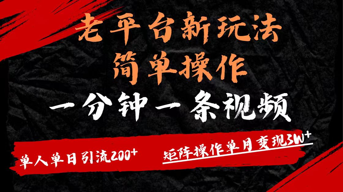 老平台,新玩法,简单操作,一分钟一条视频,单人单人引流200+矩阵操作,单月变现3W