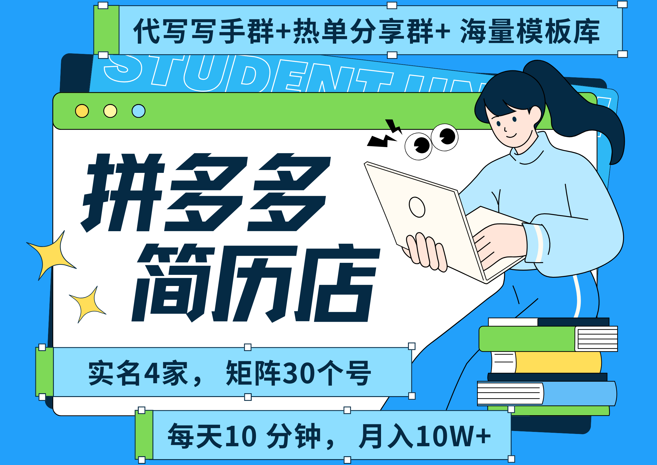 拼多多 虚拟资料 简历 海报代写 全SOP流程 毫无保留分享(含后端资料以及代写渠道)每天十分钟 每人实名四个店 矩阵30个账号 轻轻松松 月入10W