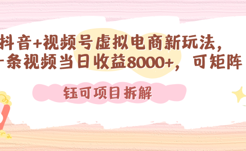 抖音+视频号虚拟电商新玩法,一条视频当日收益8000+,可矩阵