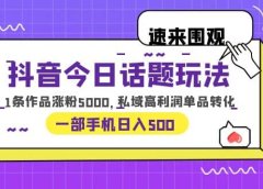 抖音今日话题玩法，1条作品涨粉5000，私域高利润单品转化 一部手机日入500