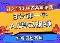 3分钟一个AI美女视频,打爆男粉流量,日入1000+多渠道变现,简单暴力,...