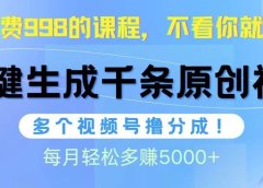 视频号软件辅助日产1000条原创视频,多个账号撸分成收益,每个月多赚5000+