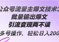 Ai公众号流量主爆文技术3.0，批量输出爆文，引流变现两不误，多号操作...