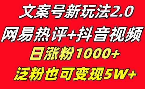 文案号新玩法 网易热评+抖音文案 一天涨粉1000+ 多种变现模式 泛粉也可变现