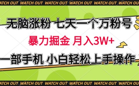 无脑涨粉 七天一个万粉号 暴力掘金 月入三万+,一部手机小白轻松上手操作