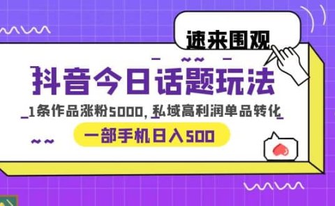 抖音今日话题玩法，1条作品涨粉5000，私域高利润单品转化 一部手机日入500