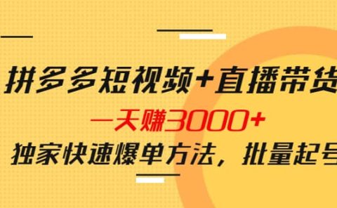 拼多多短视频+直播带货,一天赚3000+独家快速爆单方法,批量起号