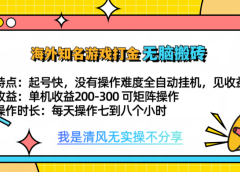 知名游戏打金，无脑搬砖单机收益200-300+  即做！即赚！当天见收益！