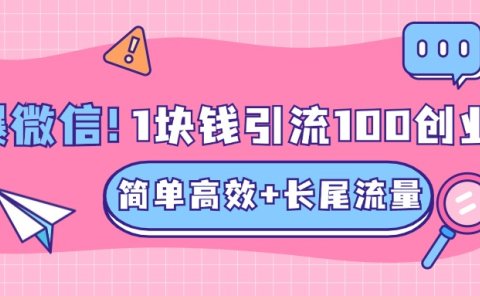 低成本高回报,1块钱引流100个精准创业粉,简单高效+长尾流量,单人单日引流500+创业粉,加爆你的微信