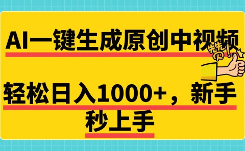 免费无限制,AI一键生成原创中视频,新手小白轻松日入1000+,超简单,可矩阵,可发全平台