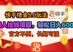快手撸金5.0玩法,懒人捡钱项目,官方扶持,轻松日入600+