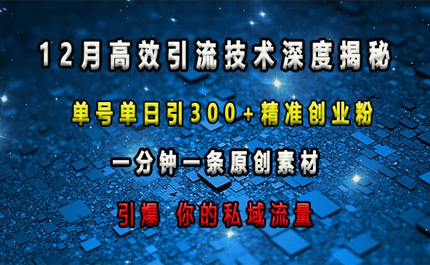 12月高效引流技术深度揭秘 ,单号单日引300+精准创业粉,一分钟一条原创素材,引爆你的私域流量