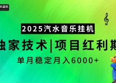 汽水音乐2025纯挂机项目，独家技术，项目红利期稳定月入6000+