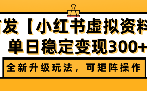 首发【小红书虚拟资料】全新升级玩法，可矩阵操作，单日稳定变现300+