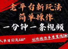 老平台，新玩法，简单操作，一分钟一条视频，单人单人引流200+矩阵操作，单月变现3W