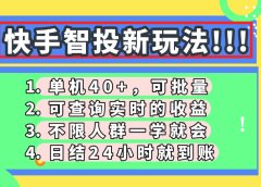 快手智投新玩法，单机日入40+，可批量，可查询实时收益，收益日结24小时到账，零门槛