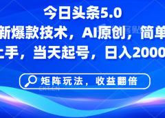 今日头条5.0最新爆款技术，AI原创，简单易上手，矩阵玩法，收益翻倍，当天起号，日入2000+
