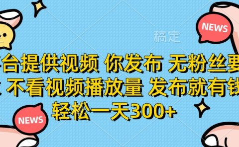 平台提供视频，你发布  无粉丝要求，不看视频播放量，发布就有钱，轻松一天300+