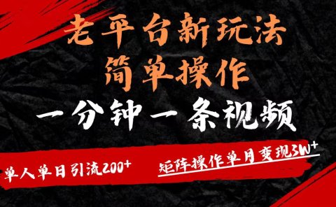 老平台，新玩法，简单操作，一分钟一条视频，单人单人引流200+矩阵操作，单月变现3W