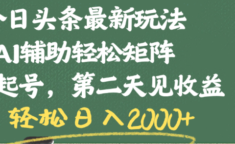 今日头条最新玩法，AI辅助轻松矩阵，当天起号，第二天见收益，轻松日入2000+