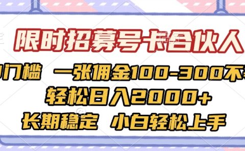 限时招募号卡合伙人 0门槛 一张佣金100-300不等 轻松日入2000+ 长期稳定 小白轻松上手