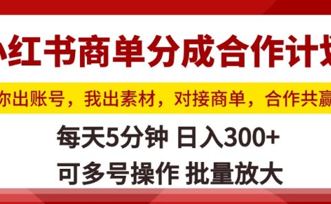 小红书商单分成合作计划，你出账号，我出素材，对接商单，合作共赢，单号日入300+，可批量放大