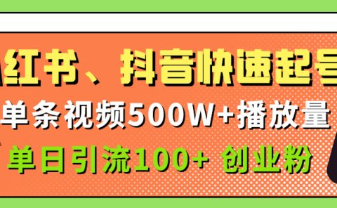 小红书、抖音、快手快速起号，单条视频500w播放量，单日引流100＋创业粉