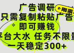 广告调研项目,只需复制粘贴广告即可赚钱,平台大水,任务不限量,一天300+