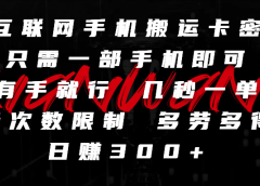 互联网手机搬运卡密,只需一部手机即可,有手就行,几秒一单,无次数限制,多劳多得,日赚300+