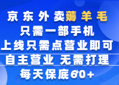 京东外卖薅羊毛，只需一部手机随时随地皆可操作，每天上线只需动动手指点营业即可，自主营业，无需打理，每天保底60+，赚钱是如此简单