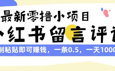 最新零撸小项目，小红书留言评论，复制粘贴即可赚钱，一条0.5，一天1000+