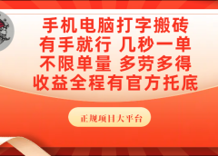 手机电脑打字搬砖，几秒一单，不限单量，多劳多得，收益全程有官方托底，正规项目大平台
