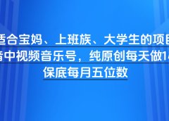 适合宝妈、上班族、大学生的项目，抖音中视频音乐号，纯原创每天做1小时，保底每月五位数