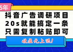 抖音广告调研项目，20s就能搞定一条，只需复制粘贴即可，收益无上限