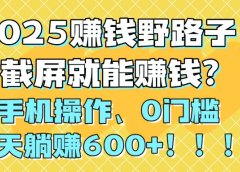 2025赚钱野路子,截屏就能赚钱?手机操作0门槛,一天躺赚600+!!!