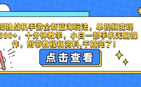 孤独战机手游全新蓝海玩法,单视频变现2000+,十分钟教学,小白一部手机无脑操作,附带教程和资料,干就完了!