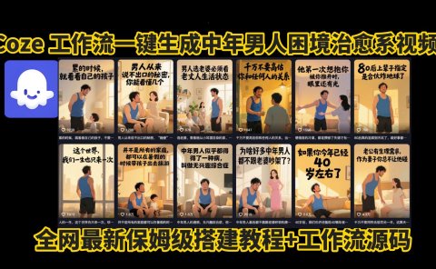 coze工作流一键生成,中年男人困境扎心高涨粉高播放量图文视频,保姆级拆解教程,无需剪辑,无需拍摄写文案智能体拆解教程