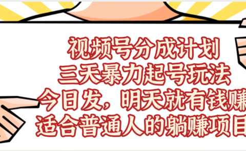视频号分成计划，三天暴力起号玩法 ，今天发，明天就有的赚，单日稳定1000+，适合普通人的躺赚项目